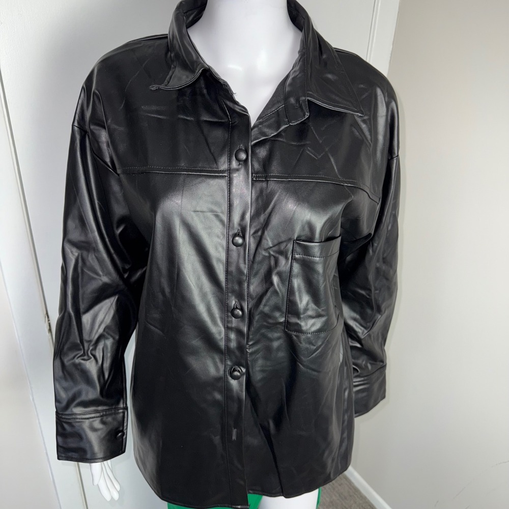 Micas Faux Leather‎ Shirt Button Down Long Sleeve Oversized Size S